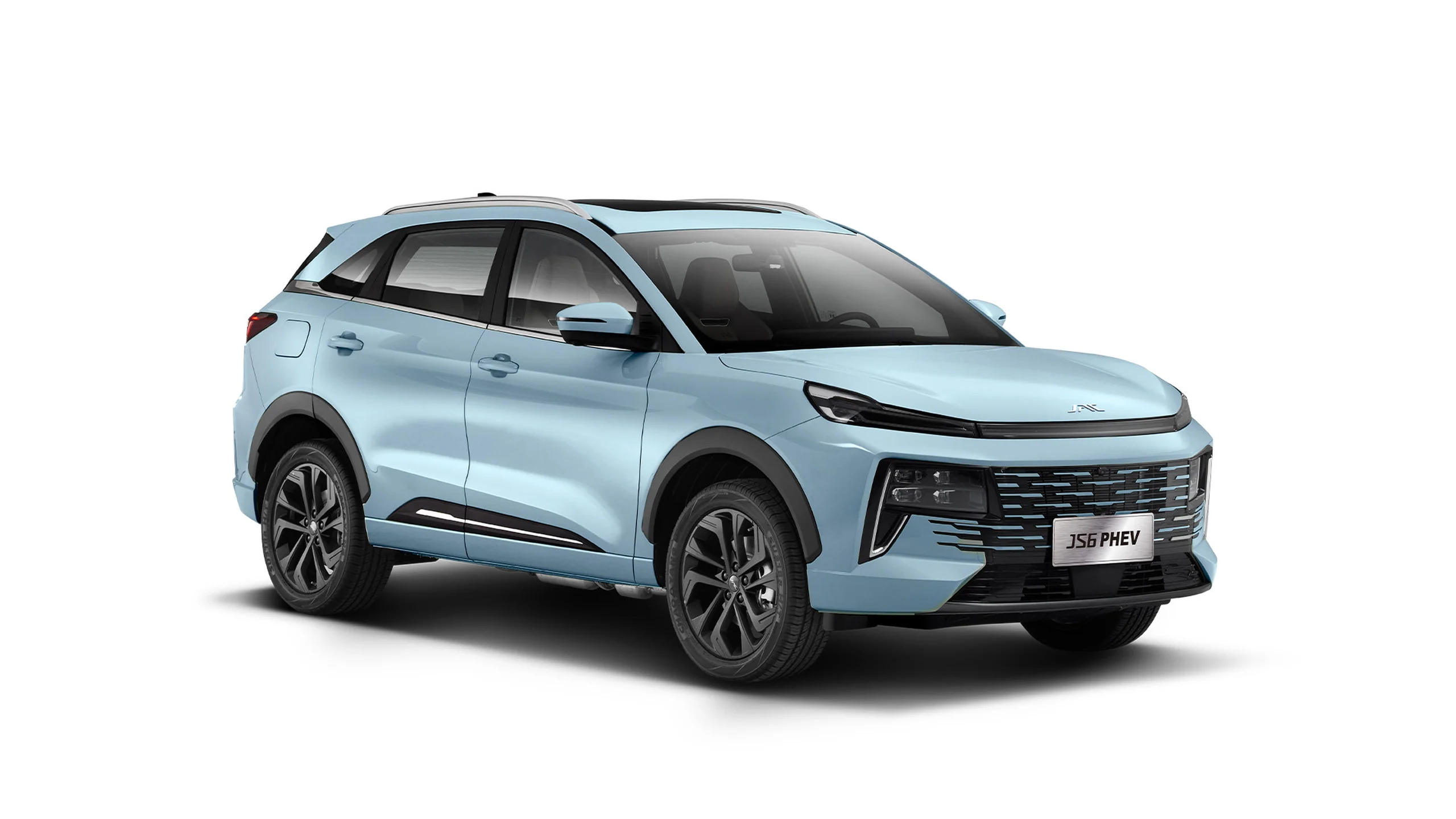 JAC JS6 PHEV celeste, vista exterior de tres cuartos